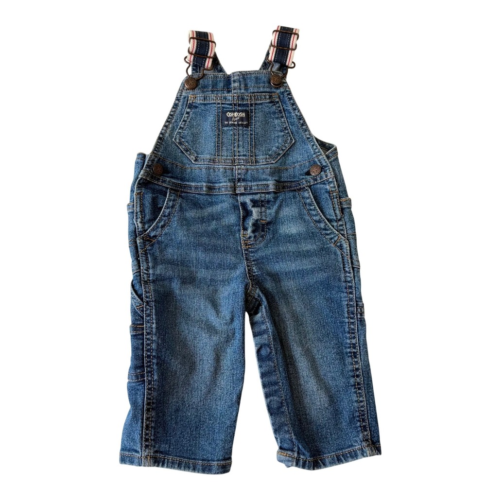 OshKosh B'gosh Baby 9M Blue Denim Carpenter Overalls Adjustable Straps Utility